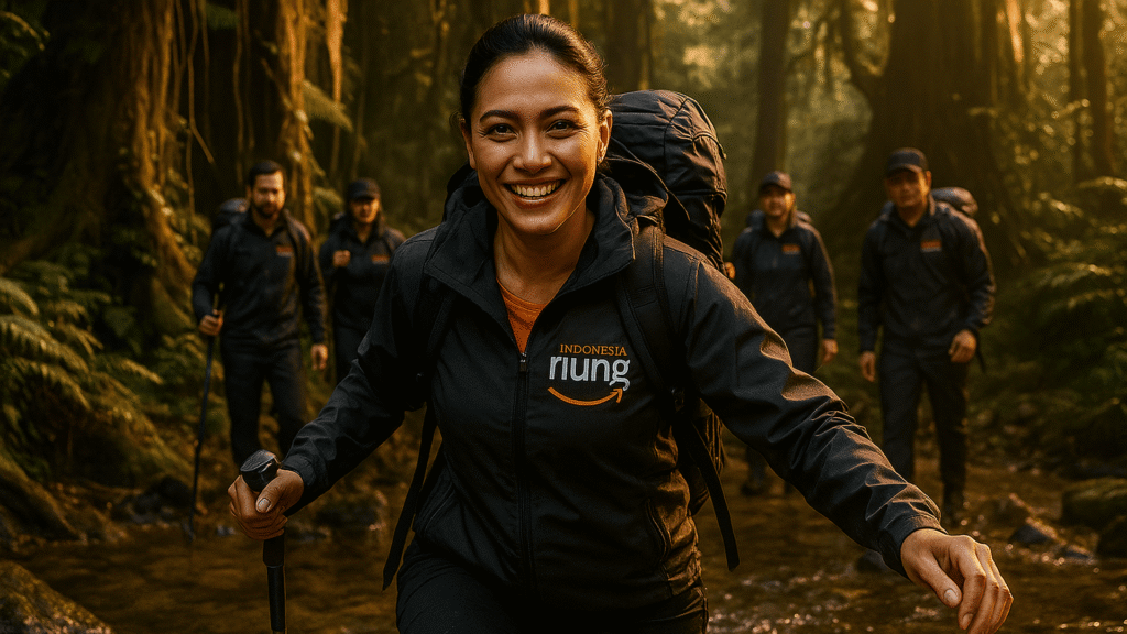 Tim Riung Indonesia menjelajah hutan tropis dalam trekking petualangan, mengenakan seragam oranye dengan logo Riung Indonesia, menampilkan semangat elegan dan kebersamaan di tengah alam.