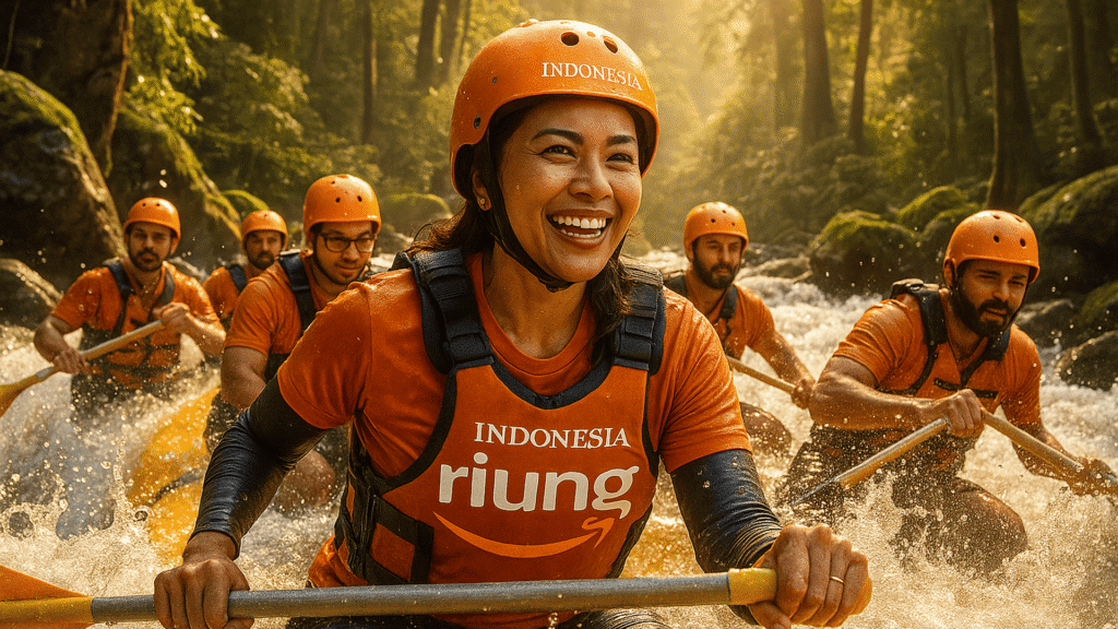 Tim arung jeram Riung Indonesia mendayung serempak di aliran sungai deras, dengan semangat kolaborasi dan keberanian, mengenakan seragam oranye berlogo Riung.