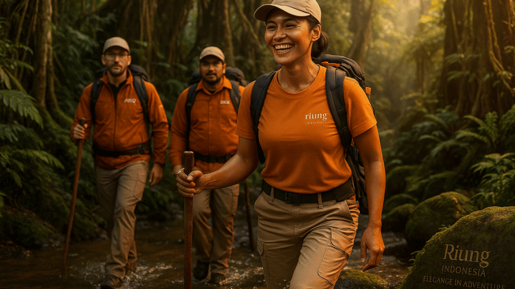 Ekspedisi trekking elegan bersama Riung Indonesia, menampilkan tim berpakaian outdoor hitam dengan logo Riung, menembus hutan tropis penuh cahaya alami