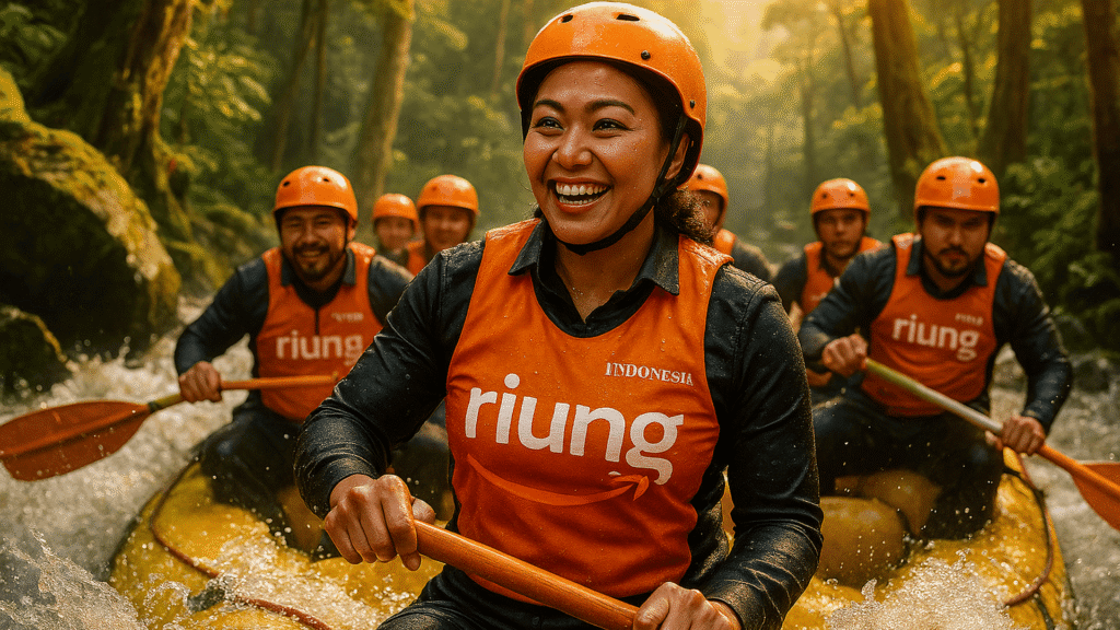 Perempuan Nusantara dalam tim rafting Riung Indonesia, tersenyum penuh semangat di atas perahu karet oranye, mencerminkan kekuatan, keceriaan, dan kebersamaan dalam petualangan air.