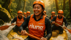 Perempuan Nusantara dalam tim rafting Riung Indonesia, tersenyum penuh semangat di atas perahu karet oranye, mencerminkan kekuatan, keceriaan, dan kebersamaan dalam petualangan air.
