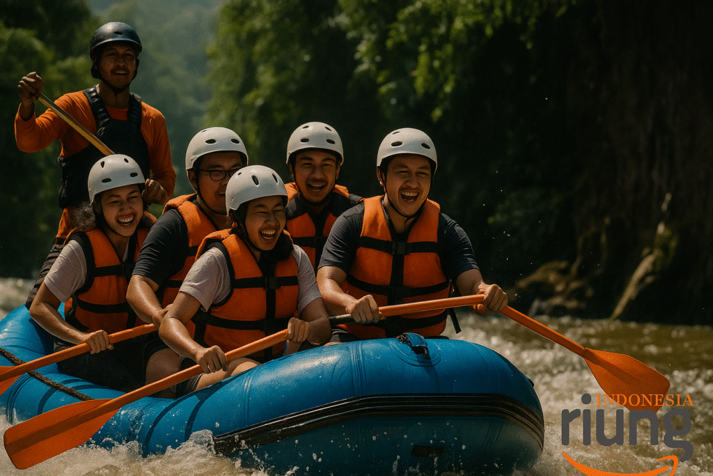 Aktivitas kerja sama tim saat rafting corporate di Sungai Citatih