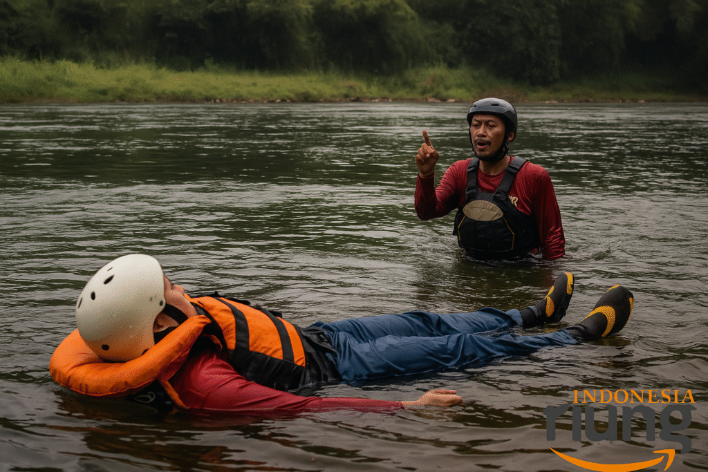 Instruktur rafting memberi pengarahan keselamatan di Sungai Cisadane Bogor