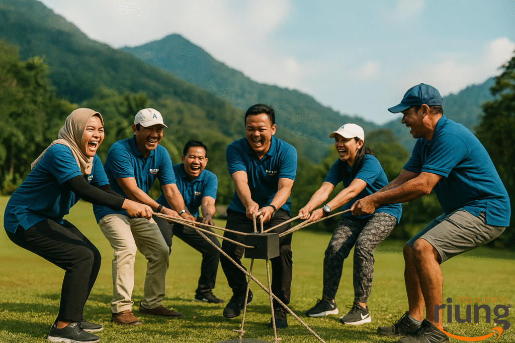 Foto bersama peserta outing perusahaan di Puncak Cianjur