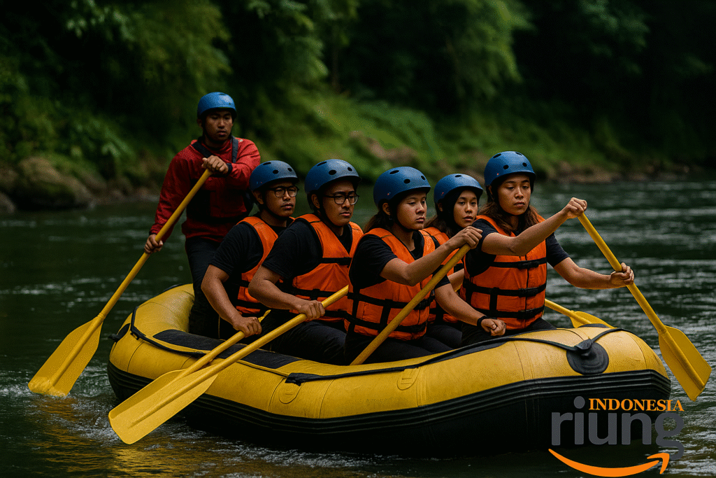 Simulasi peserta jatuh ke air dalam pelatihan keselamatan rafting Cisadane