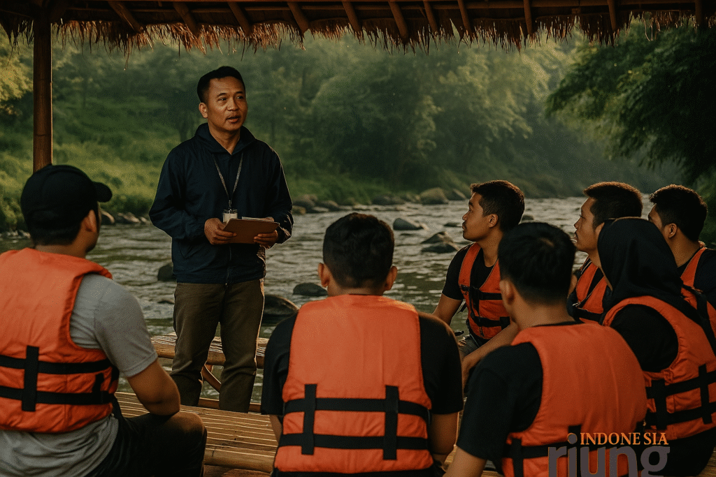 Fasilitator Riung Indonesia memimpin briefing peserta corporate camp di Sungai Citarik.