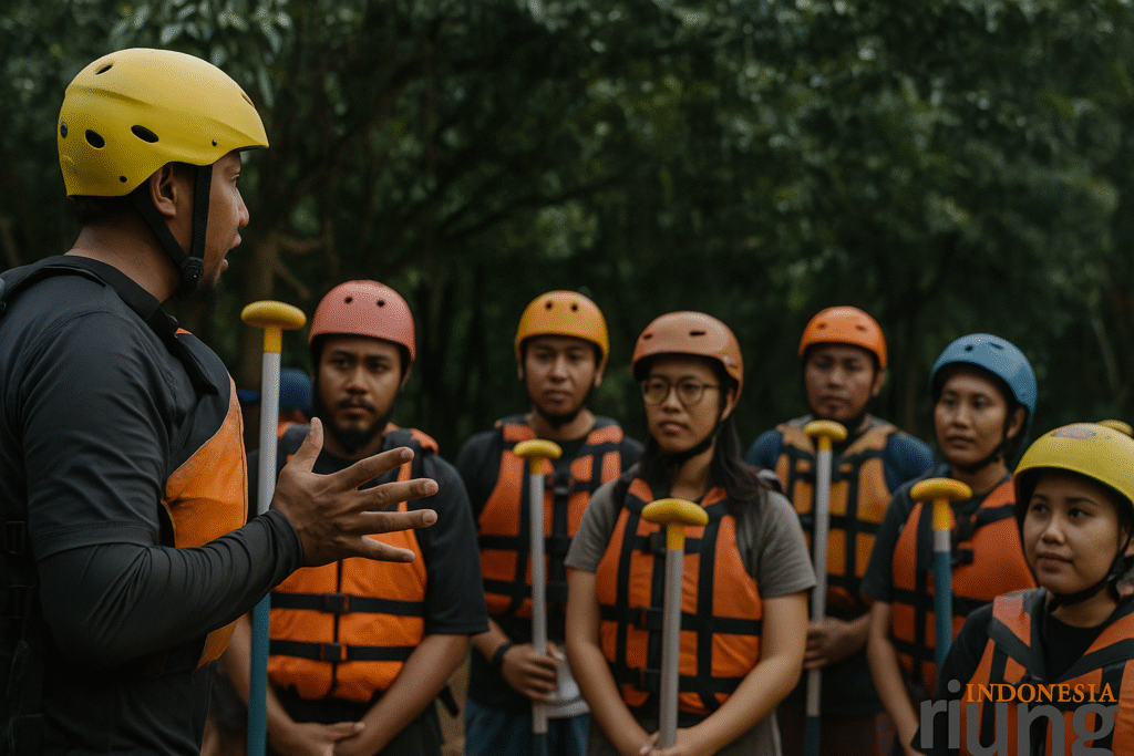 Pemandu rafting Riung Indonesia menutup kegiatan dengan pesan keselamatan di sungai