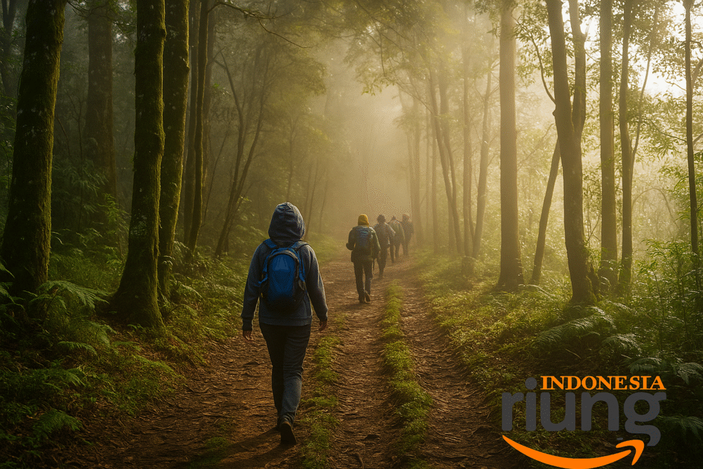Pendaki melintasi jalur hutan montana di Gunung Kencana Bogor