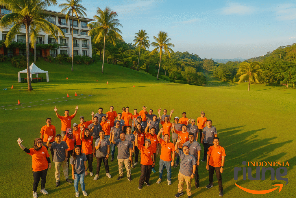 Tim perusahaan berfoto bersama di akhir kegiatan outing