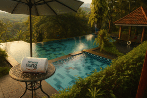 Kolam renang outdoor di Villa Roso Mulyo dengan pemandangan bukit