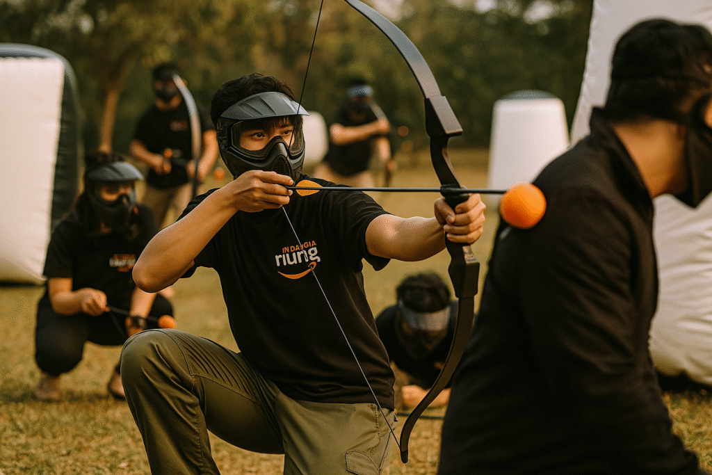 Gathering perusahaan menikmati archery battle di Puncak Bogor Sentul