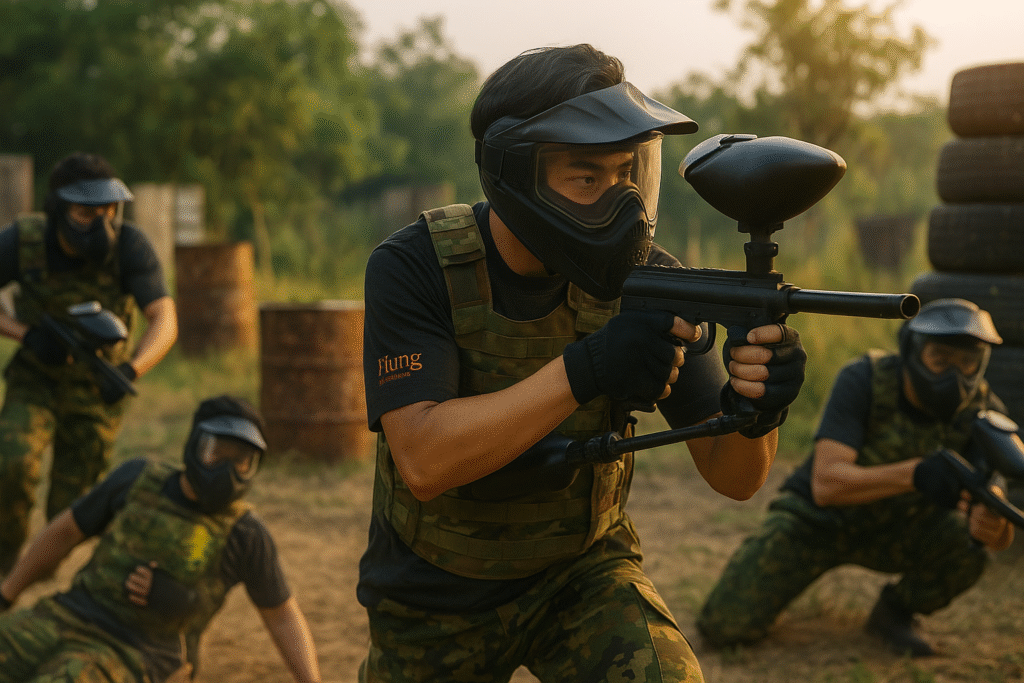 Tim perusahaan mengikuti program war games paintball dan archery di Sentul Bogor