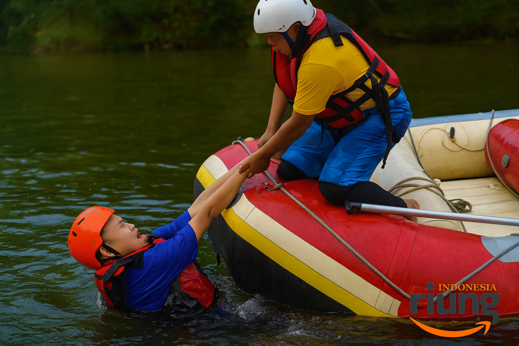 Tim rafting menikmati arus Sungai Cisadane Bogor