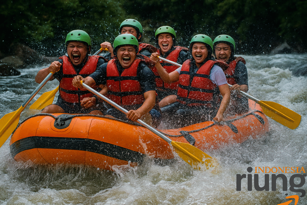 Peserta rafting Riung Indonesia berfoto bersama setelah pengarungan di Cisadane